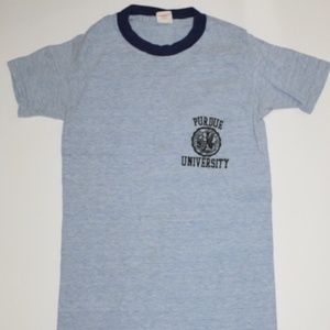 Vintage 70s PURDUE University RINGER Distressed Logo T Shirt Boilermakers Blue